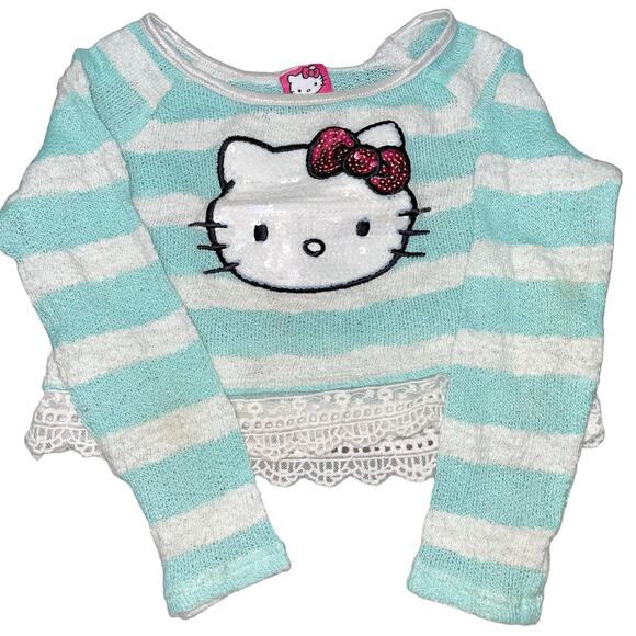 Hello Kitty Girls Kids Size 6 Sweater Pullover Blue White Stripe Sequin Pink Bow - Picture 3 of 12